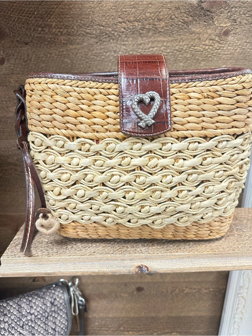 Brighton Woven Straw Crossbody in Natural and Cream with Brown Trim